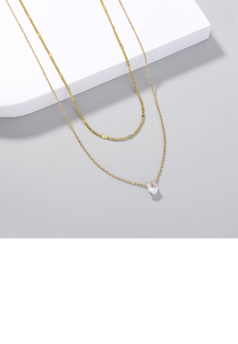 Simple Fashion Plated Gold Geometric Water Drop Shaped Cubic Zirconia Pendant with Double Layer Necklace - Luxurious Look