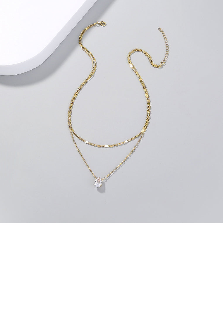 Simple Fashion Plated Gold Geometric Water Drop Shaped Cubic Zirconia Pendant with Double Layer Necklace - Luxurious Look