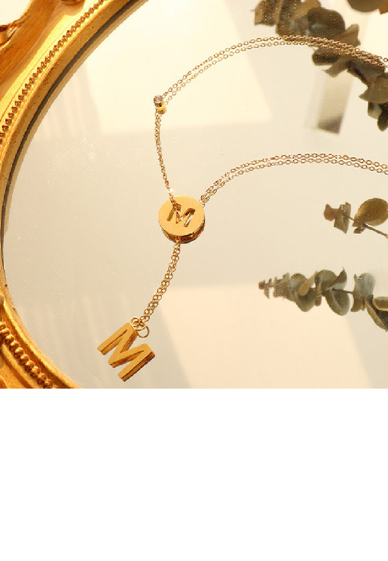 Fashion Temperament Plated Gold 316L Stainless Steel Hollow Alphabet M Geometric Tassel Pendant with Necklace