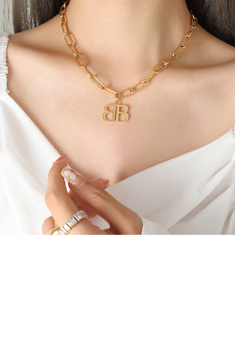 Fashion Personality Plated Gold 316L Stainless Steel Double Alphabet B Pendant with Necklace