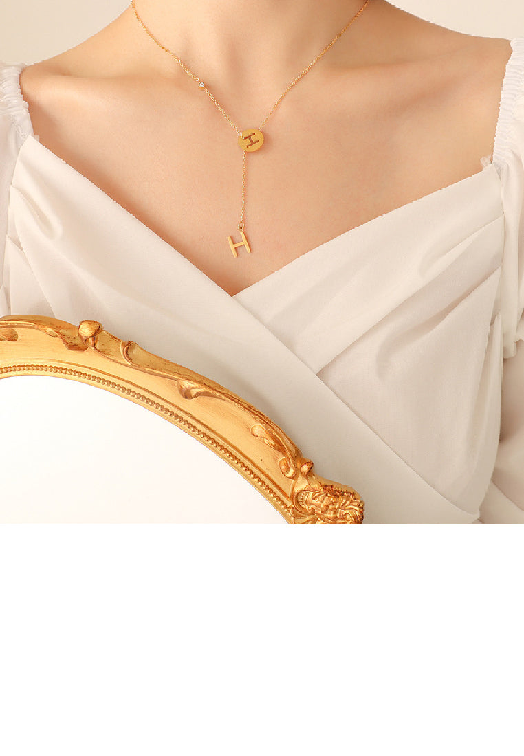 Fashion Temperament Plated Gold 316L Stainless Steel Hollow Alphabet H Geometric Tassel Pendant with Necklace