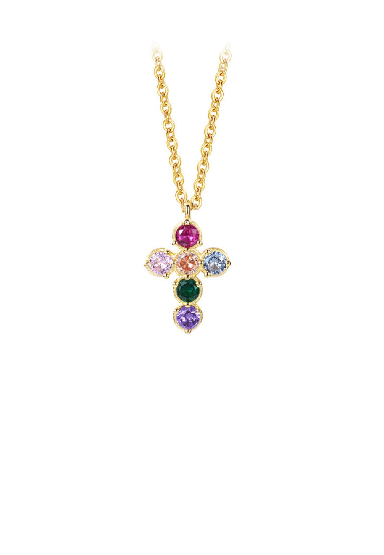 925 Sterling Silver Plated Gold Simple Fashion Cross Pendant with Colorful Cubic Zirconia and Necklace - Luxurious Look
