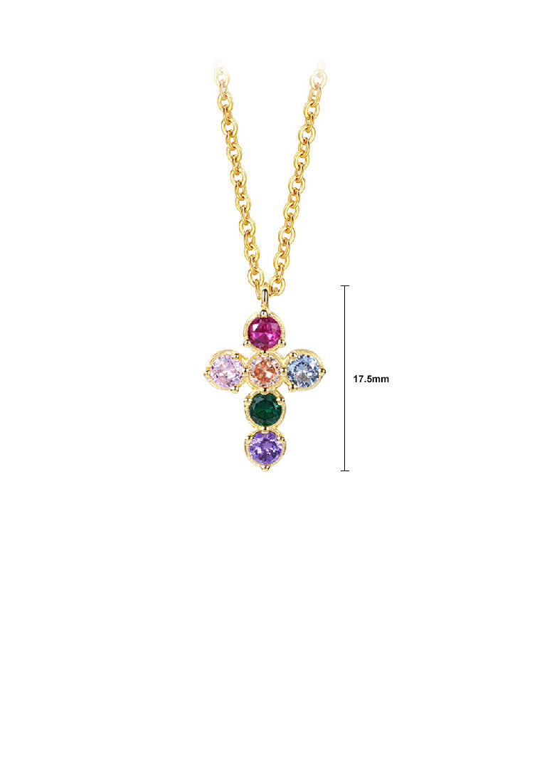 925 Sterling Silver Plated Gold Simple Fashion Cross Pendant with Colorful Cubic Zirconia and Necklace - Luxurious Look