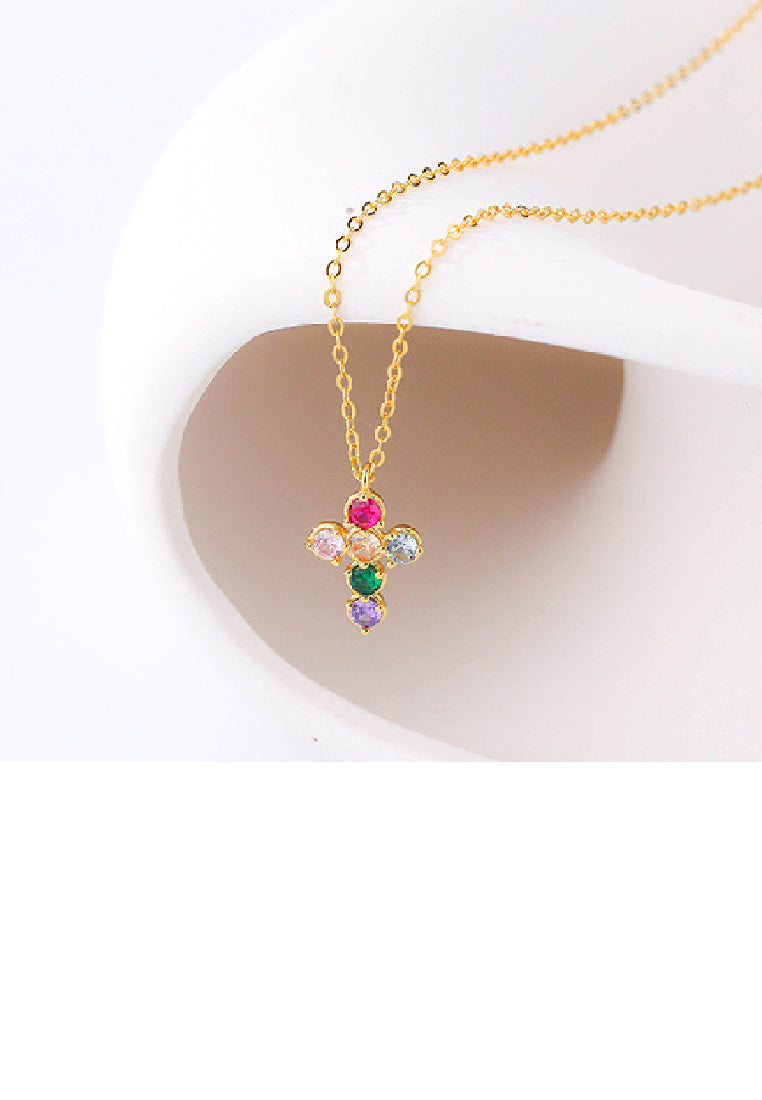 925 Sterling Silver Plated Gold Simple Fashion Cross Pendant with Colorful Cubic Zirconia and Necklace - Luxurious Look