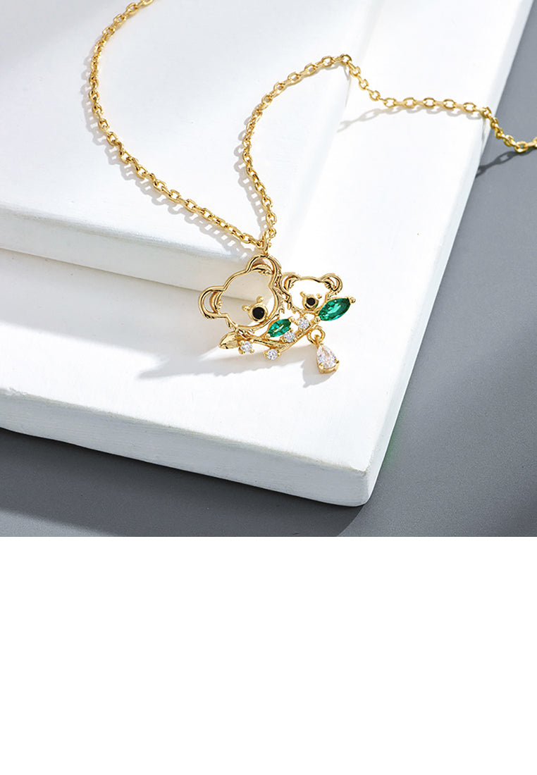 925 Sterling Silver Plated Gold Fashion Cute Cut Out Koala Pendant with Cubic Zirconia and Necklace - Luxurious Look