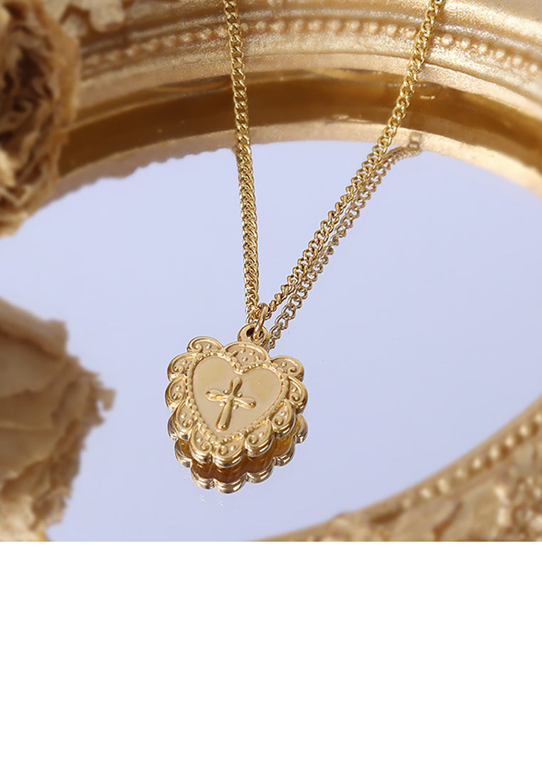 Fashion Simple Plated Gold 316L Stainless Steel Cross Lace Heart Pendant with Necklace