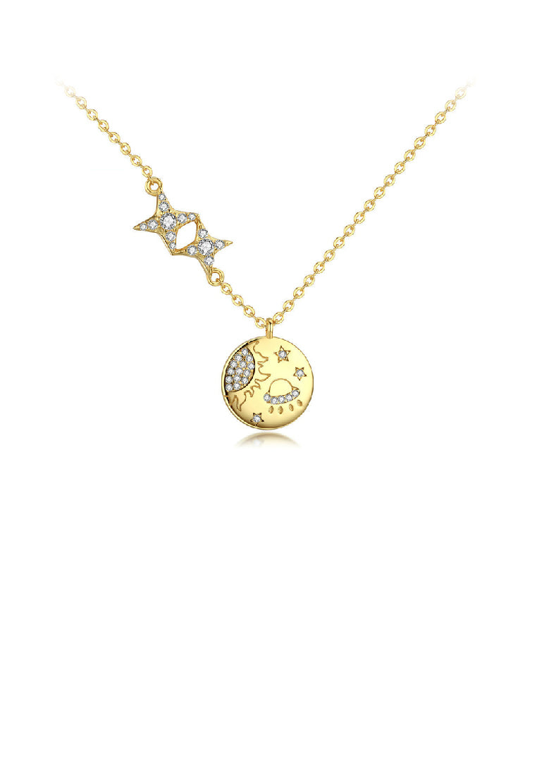 925 Sterling Silver Plated Gold Fashion Creative Cosmic Pattern Geometric Round Star Pendant with Cubic Zirconia and Necklace - Luxurious Look