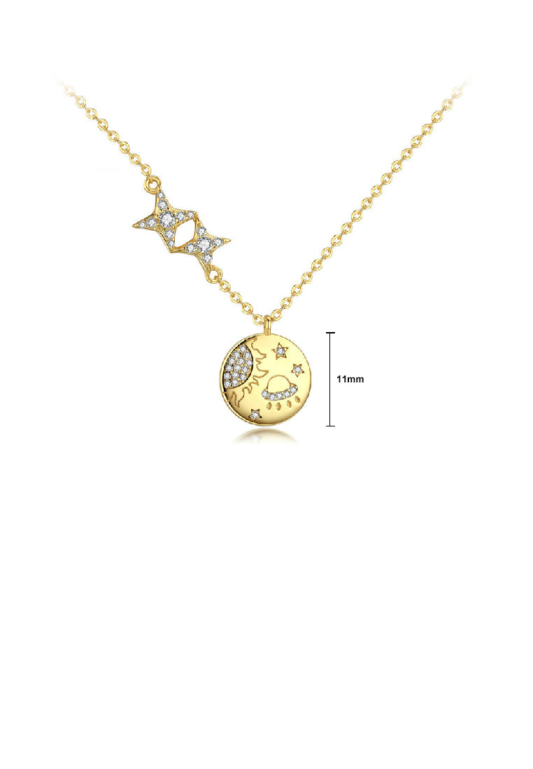925 Sterling Silver Plated Gold Fashion Creative Cosmic Pattern Geometric Round Star Pendant with Cubic Zirconia and Necklace - Luxurious Look