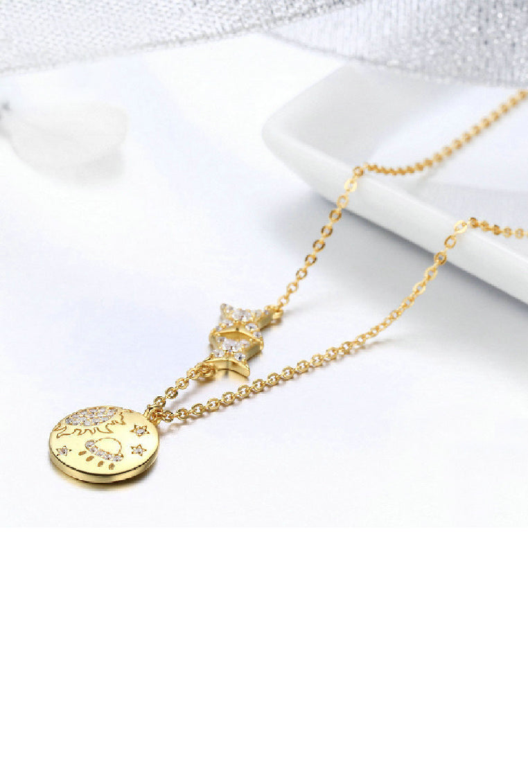 925 Sterling Silver Plated Gold Fashion Creative Cosmic Pattern Geometric Round Star Pendant with Cubic Zirconia and Necklace - Luxurious Look