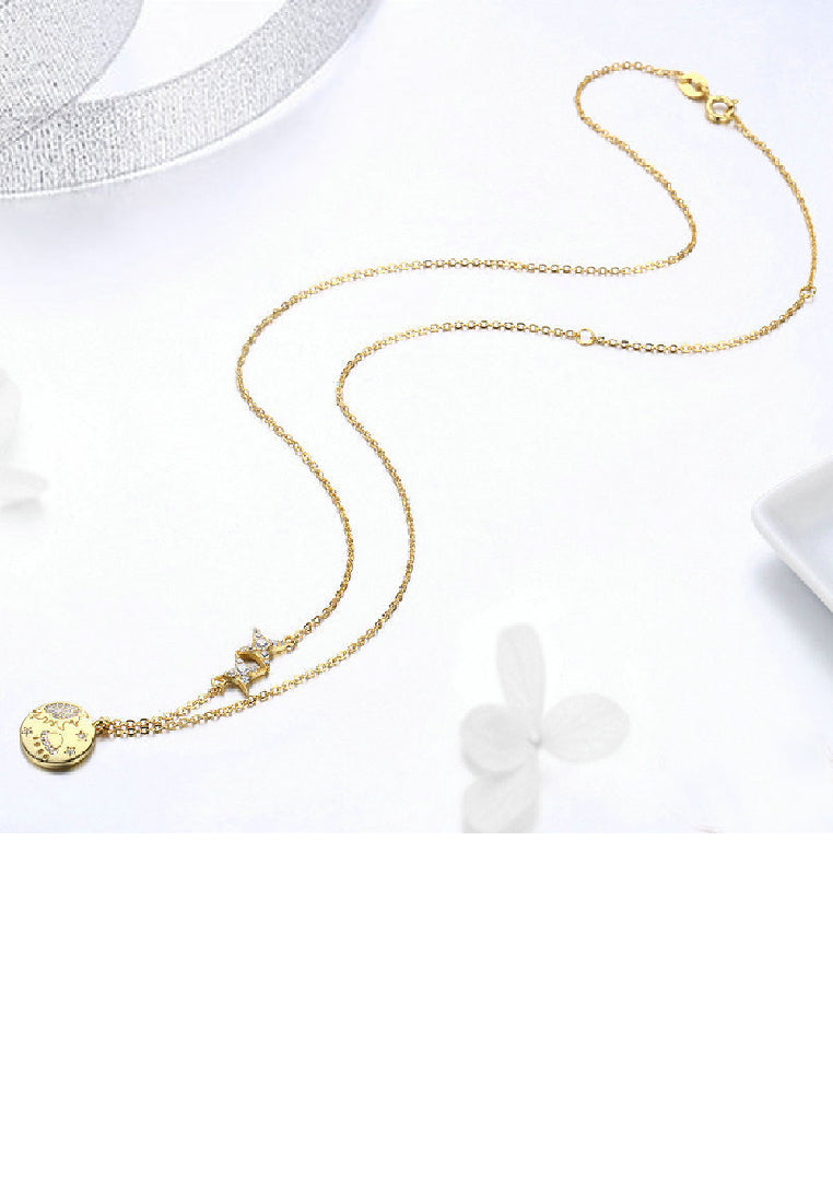 925 Sterling Silver Plated Gold Fashion Creative Cosmic Pattern Geometric Round Star Pendant with Cubic Zirconia and Necklace - Luxurious Look