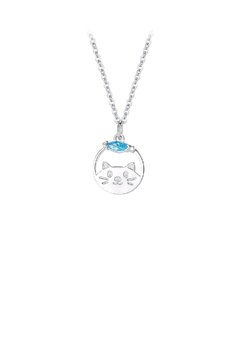925 Sterling Silver Fashion Cute Cat and Fish Geometric Pendant with Cubic Zirconia and Necklace - Luxurious Look