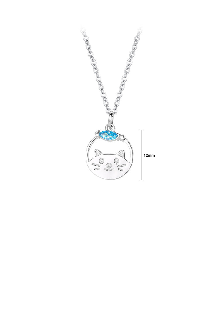 925 Sterling Silver Fashion Cute Cat and Fish Geometric Pendant with Cubic Zirconia and Necklace - Luxurious Look