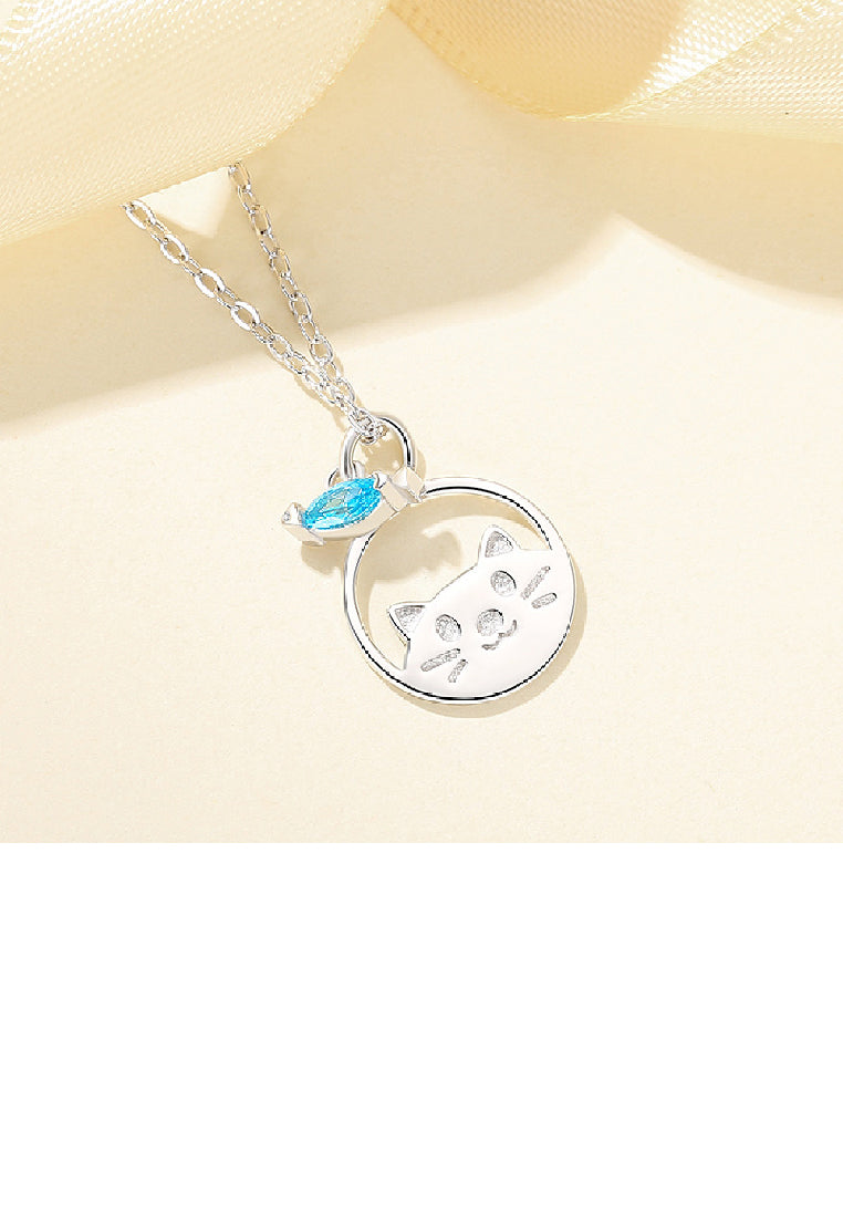 925 Sterling Silver Fashion Cute Cat and Fish Geometric Pendant with Cubic Zirconia and Necklace - Luxurious Look