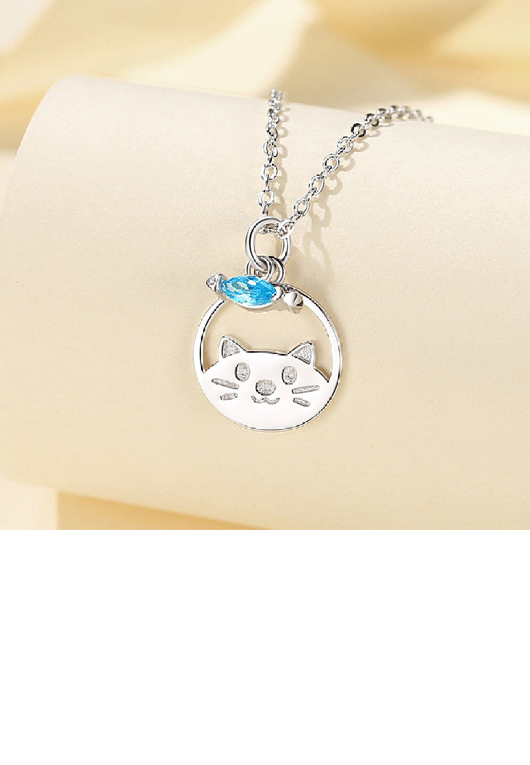 925 Sterling Silver Fashion Cute Cat and Fish Geometric Pendant with Cubic Zirconia and Necklace - Luxurious Look