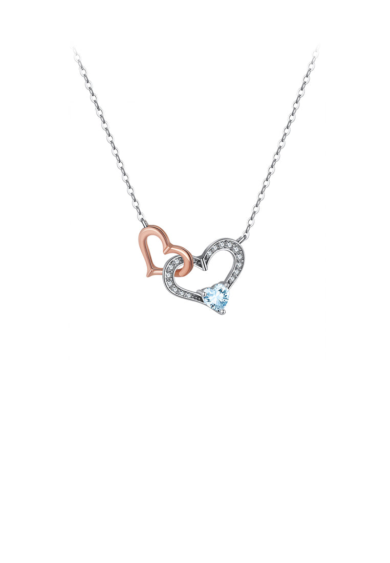925 Sterling Silver Simple Romantic Rose Gold Double Heart Pendant with Blue Topaz and Necklace