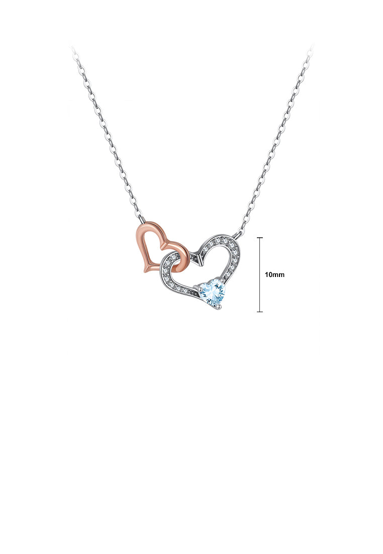 925 Sterling Silver Simple Romantic Rose Gold Double Heart Pendant with Blue Topaz and Necklace