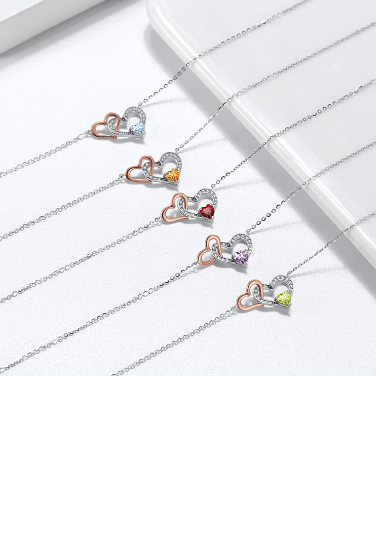 925 Sterling Silver Simple Romantic Rose Gold Double Heart Pendant with Blue Topaz and Necklace