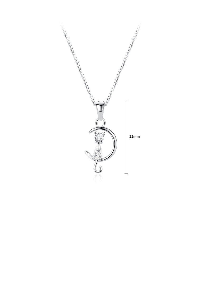 925 Sterling Silver Simple Cute Moon Cat Pendant with Cubic Zirconia and Necklace - Luxurious Look