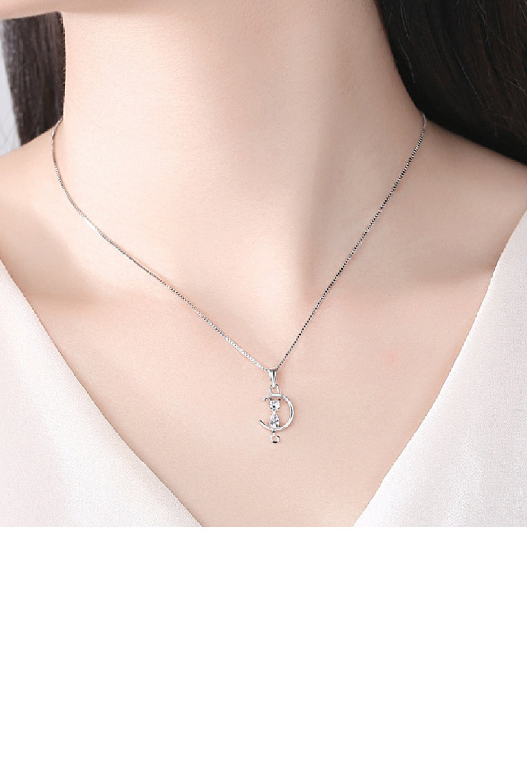 925 Sterling Silver Simple Cute Moon Cat Pendant with Cubic Zirconia and Necklace - Luxurious Look