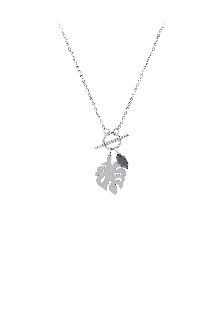 Fashion Temperament 316L Stainless Steel Leaf Pendant with Black Cubic Zirconia and Necklace - Luxurious Look
