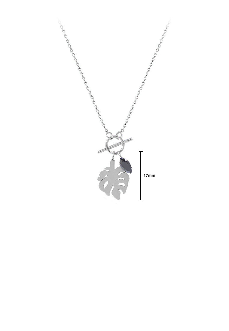 Fashion Temperament 316L Stainless Steel Leaf Pendant with Black Cubic Zirconia and Necklace - Luxurious Look