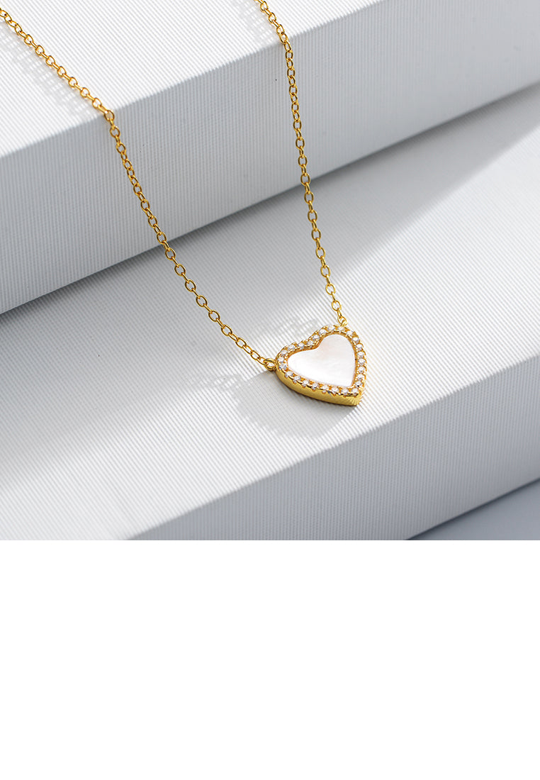 925 Sterling Silver Plated Gold Fashion Romantic Heart Shell Pendant with Cubic Zirconia and Necklace - Luxurious Look