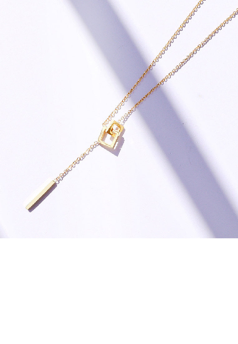 Fashion Simple Plated Gold 316L Stainless Steel Hollow Geometric Square Tassel Pendant with Necklace