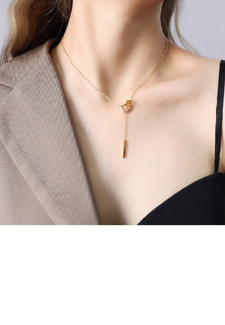 Fashion Simple Plated Gold 316L Stainless Steel Hollow Geometric Square Tassel Pendant with Necklace