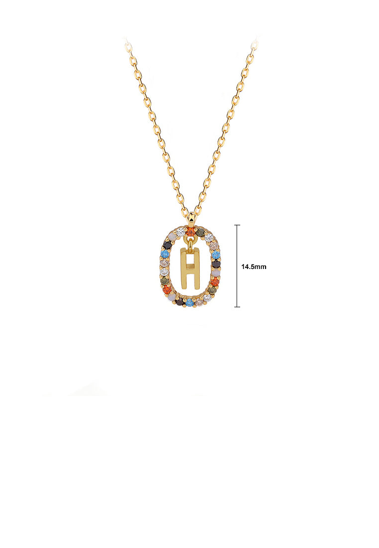 925 Sterling Silver Plated Gold Fashion Personality Alphabet H Hollow Geometric Oval Pendant with Colorful Cubic Zirconia and Necklace - Luxurious Look