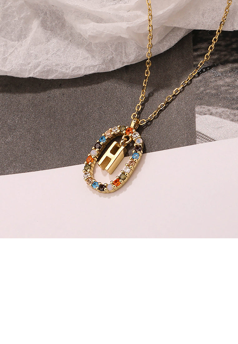 925 Sterling Silver Plated Gold Fashion Personality Alphabet H Hollow Geometric Oval Pendant with Colorful Cubic Zirconia and Necklace - Luxurious Look