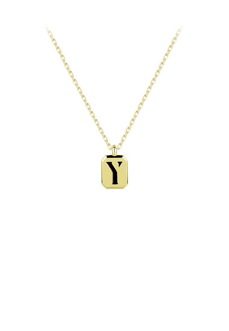 925 Sterling Silver Plated Gold Simple Fashion Geometric Square Alphabet Y Pendant with Black agate and Necklace