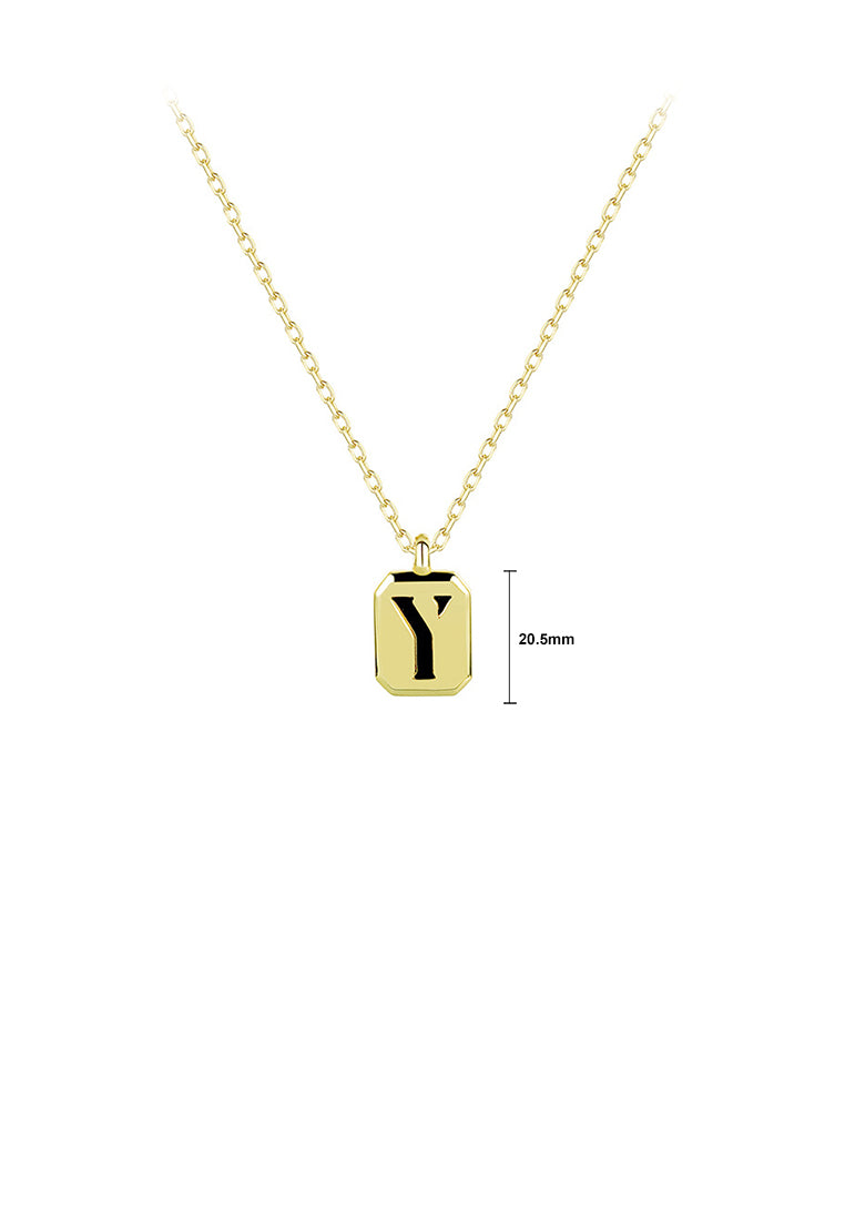 925 Sterling Silver Plated Gold Simple Fashion Geometric Square Alphabet Y Pendant with Black agate and Necklace