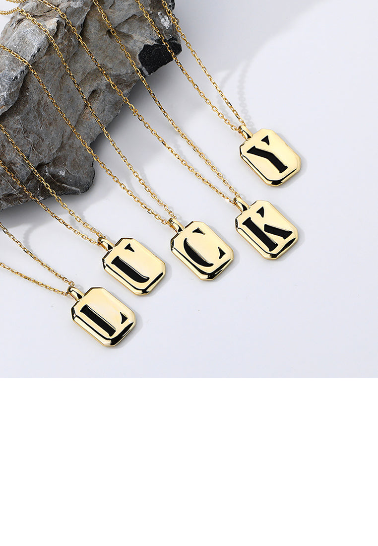 925 Sterling Silver Plated Gold Simple Fashion Geometric Square Alphabet Y Pendant with Black agate and Necklace