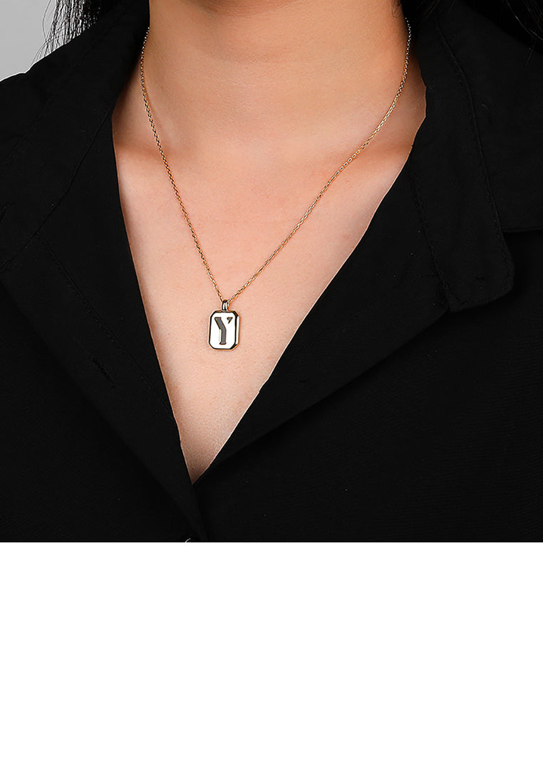 925 Sterling Silver Plated Gold Simple Fashion Geometric Square Alphabet Y Pendant with Black agate and Necklace