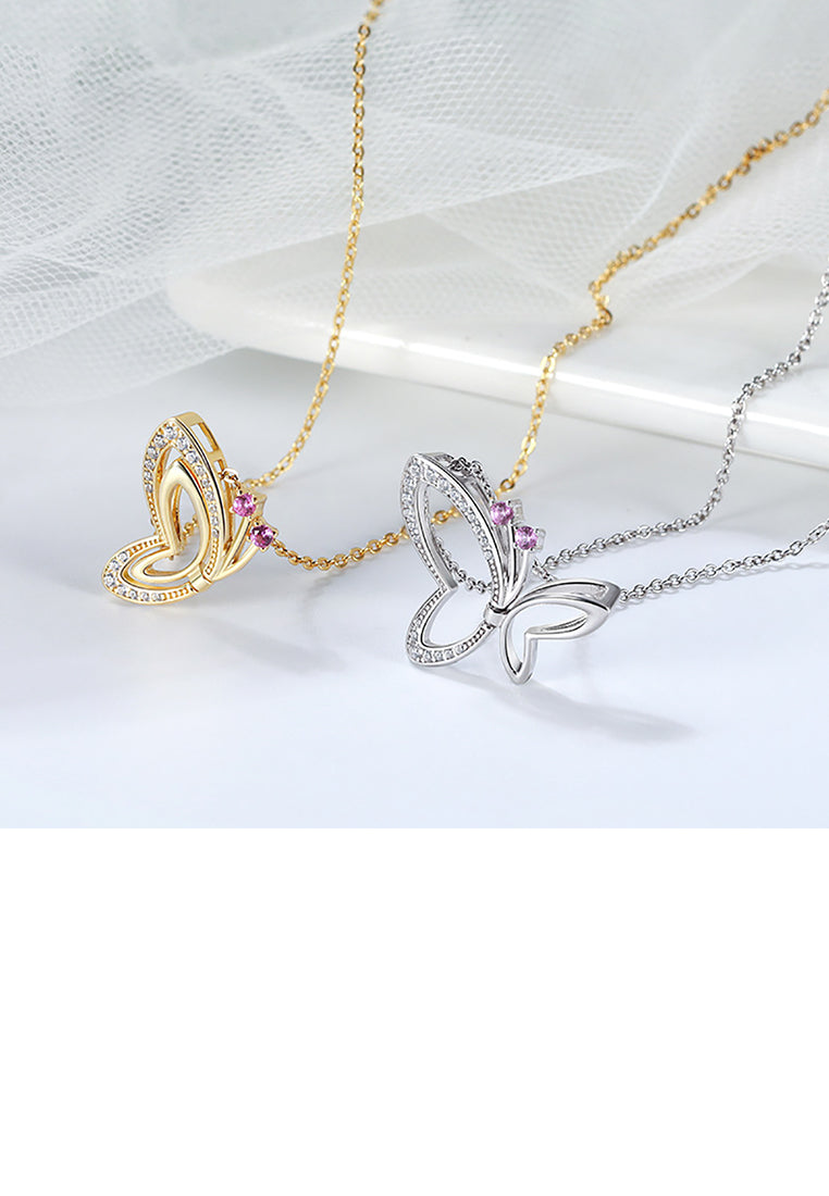 925 Sterling Silver Plated Gold Simple and Elegant Hollow Butterfly Pendant with Cubic Zirconia and Necklace - Luxurious Look
