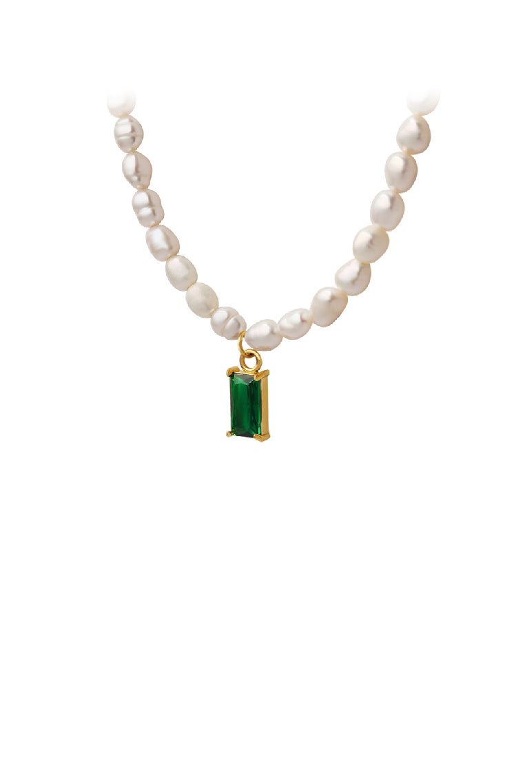 Simple Fashion Plated Gold 316L Stainless Steel Geometric Green Cubic Zirconia Square Pendant with Imitation Pearl Necklace - Luxurious Look
