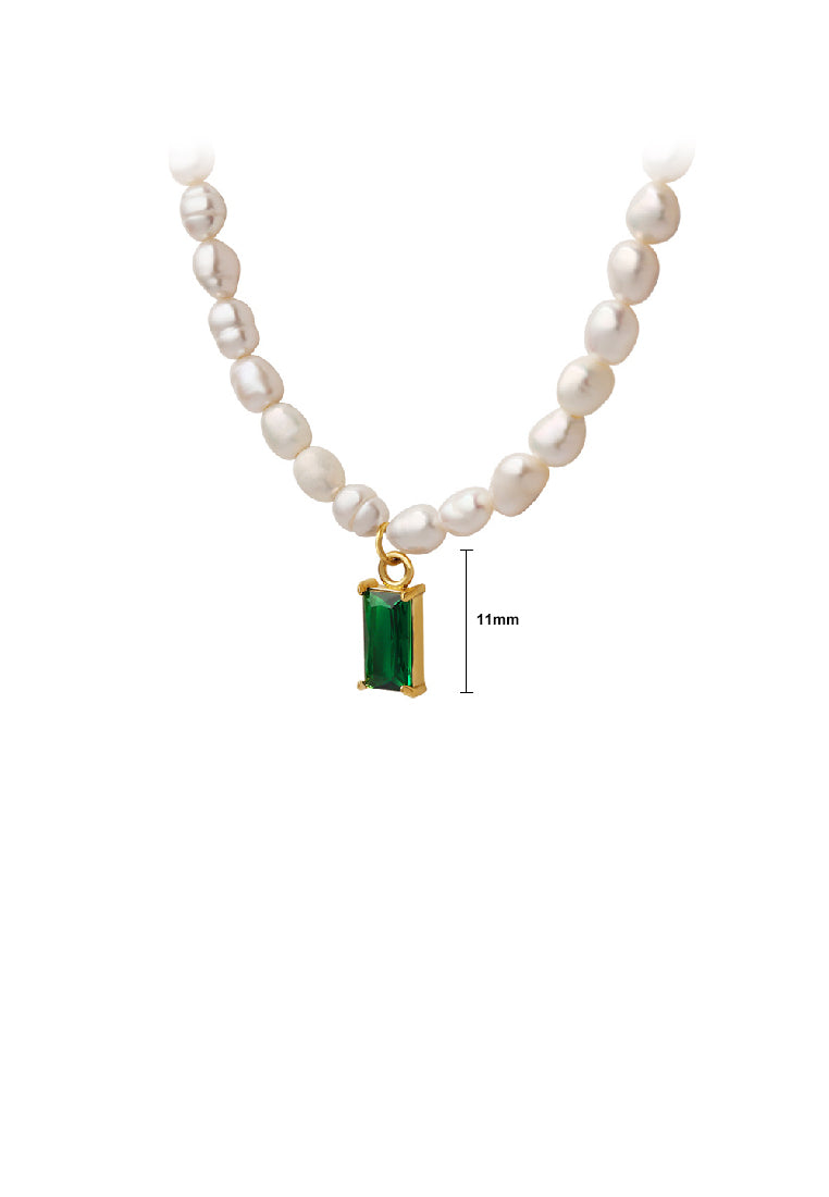 Simple Fashion Plated Gold 316L Stainless Steel Geometric Green Cubic Zirconia Square Pendant with Imitation Pearl Necklace - Luxurious Look