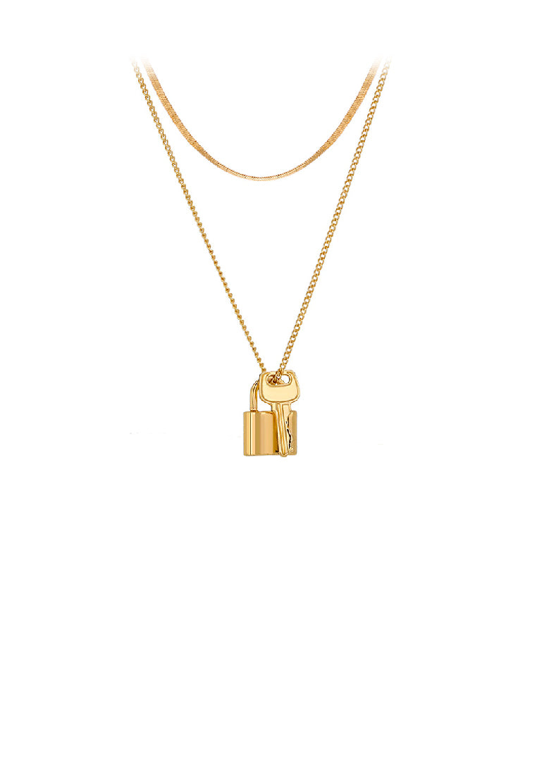 Fashion Simple Plated Gold Lock Key Pendant with Double Layer Necklace
