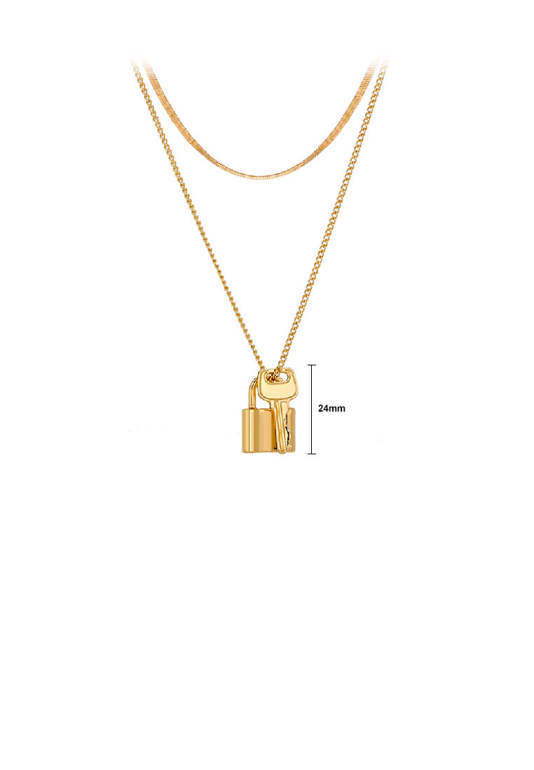 Fashion Simple Plated Gold Lock Key Pendant with Double Layer Necklace