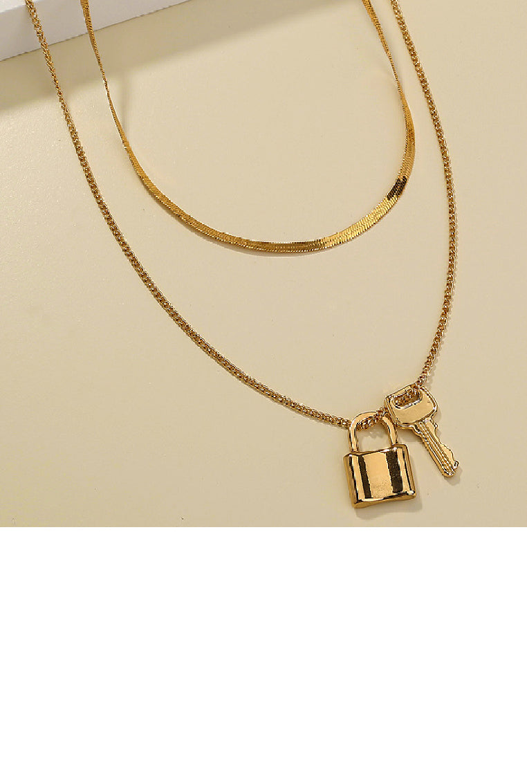 Fashion Simple Plated Gold Lock Key Pendant with Double Layer Necklace