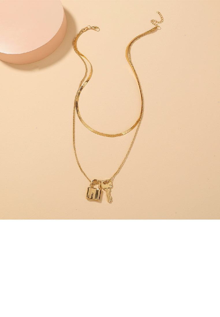Fashion Simple Plated Gold Lock Key Pendant with Double Layer Necklace