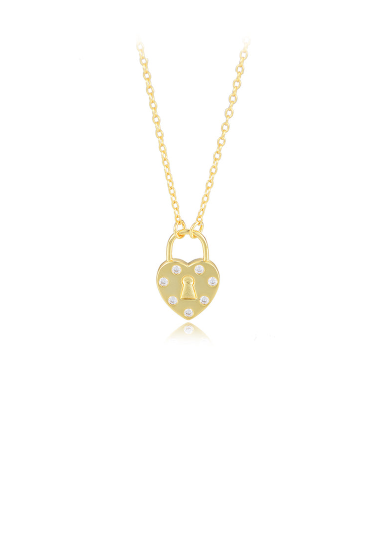 925 Sterling Silver Plated Gold Fashion Simple Heart Lock Pendant with Cubic Zirconia and Necklace - Luxurious Look