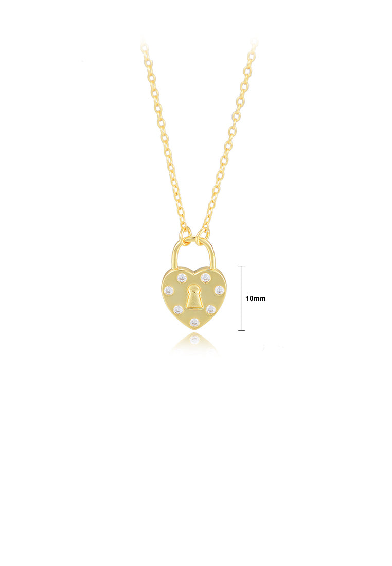 925 Sterling Silver Plated Gold Fashion Simple Heart Lock Pendant with Cubic Zirconia and Necklace - Luxurious Look