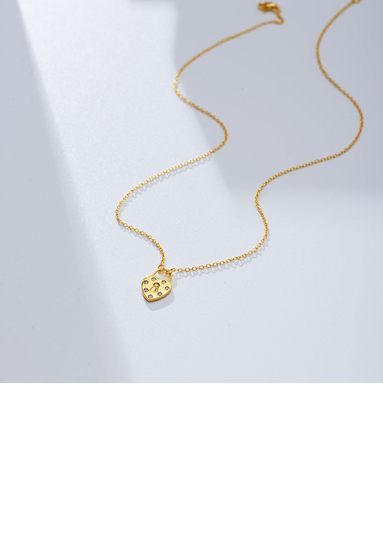 925 Sterling Silver Plated Gold Fashion Simple Heart Lock Pendant with Cubic Zirconia and Necklace - Luxurious Look