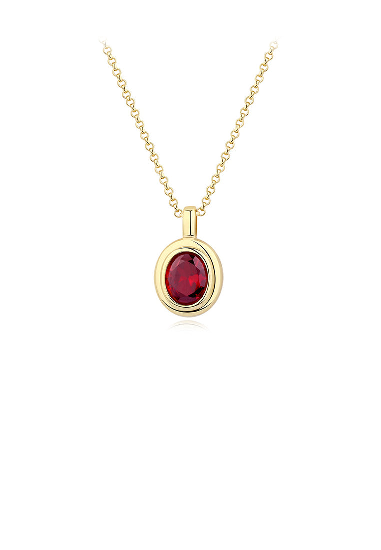 925 Sterling Silver Plated Gold Fashion Simple Geometric Oval Pendant with Red Cubic Zirconia and Necklace - Luxurious Look - Vibrant Color