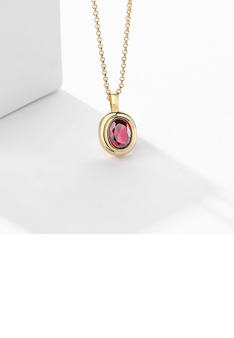 925 Sterling Silver Plated Gold Fashion Simple Geometric Oval Pendant with Red Cubic Zirconia and Necklace - Luxurious Look - Vibrant Color