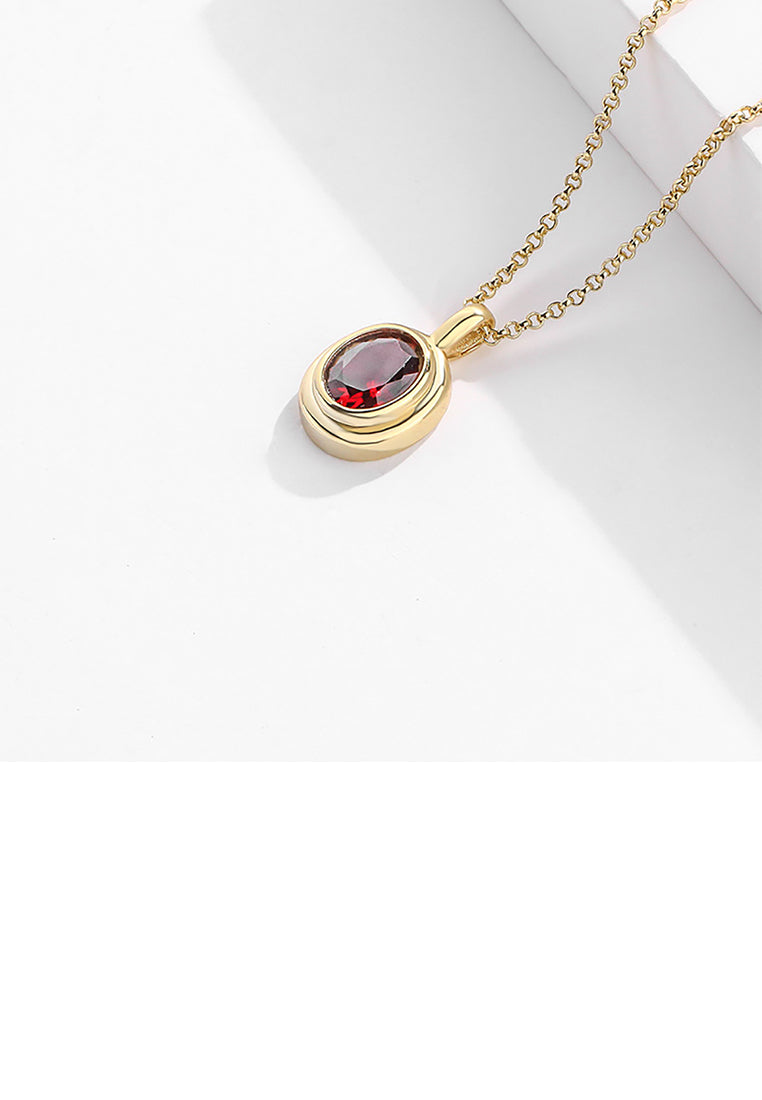 925 Sterling Silver Plated Gold Fashion Simple Geometric Oval Pendant with Red Cubic Zirconia and Necklace - Luxurious Look - Vibrant Color