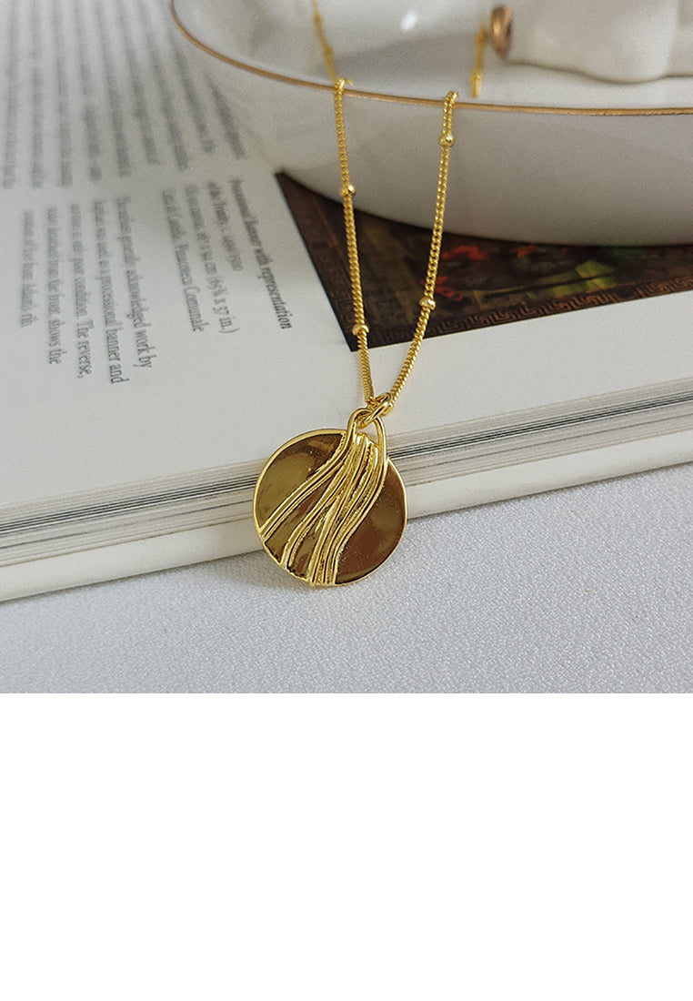 925 Sterling Silver Plated Gold Fashion Simple Water Pattern Geometric Round Pendant with Necklace