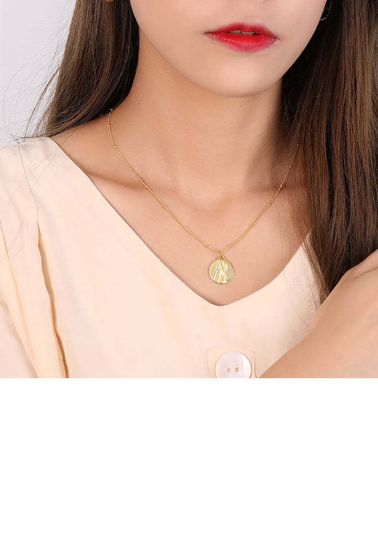 925 Sterling Silver Plated Gold Fashion Simple Water Pattern Geometric Round Pendant with Necklace