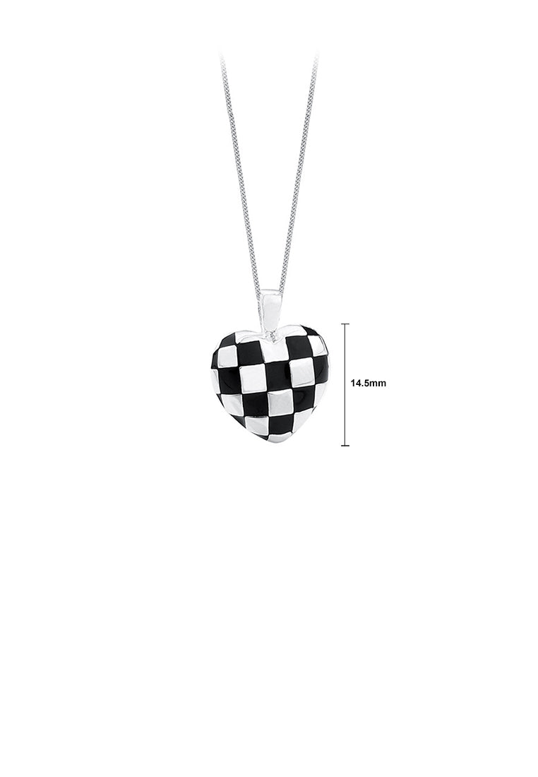 925 Sterling Silver Fashion Romantic Black and White Checkerboard Heart Pendant with Necklace